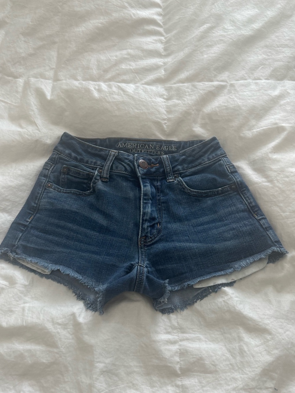 American Eagle High Rise Denim Cut Off Frayed Jean Shortie Shorts Size 0